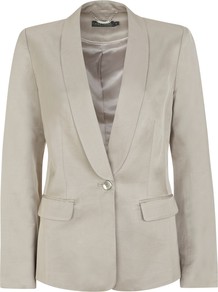 Tuxedo Jacket - pattern: plain; style: single breasted tuxedo; collar: shawl/waterfall; predominant colour: stone; occasions: casual, evening, work, occasion; length: standard; fit: tailored/fitted; back detail: back vent/flap at back; sleeve length: long sleeve; sleeve style: standard; collar break: low/open; pattern type: fabric; texture group: woven light midweight; fibres: viscose/rayon - mix