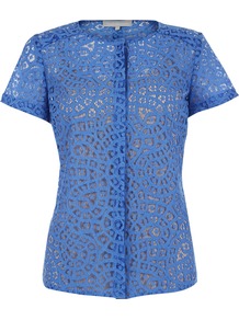Gwen Top, Sea Blue - pattern: plain; predominant colour: diva blue; occasions: casual, work; length: standard; style: top; fibres: cotton - mix; fit: body skimming; neckline: crew; sleeve length: short sleeve; sleeve style: standard; texture group: lace; pattern type: fabric; embellishment: lace