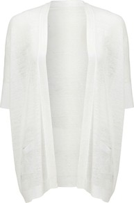 Calyn Cardigan, White - pattern: plain; length: below the bottom; hip detail: front pockets at hip; neckline: collarless open; style: open front; predominant colour: white; occasions: casual, holiday; fibres: linen - mix; fit: loose; sleeve length: half sleeve; sleeve style: standard; texture group: knits/crochet; pattern type: knitted - fine stitch