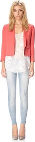 Aloha Silk Jacket - pattern: plain; style: single breasted blazer; collar: shawl/waterfall; length: cropped; predominant colour: coral; occasions: casual, evening, work, occasion; fit: straight cut (boxy); sleeve length: 3/4 length; sleeve style: standard; texture group: crepes; collar break: low/open; pattern type: fabric; fibres: viscose/rayon - mix