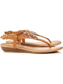 Brown Wedge Sandal - predominant colour: camel; secondary colour: gold; occasions: casual, evening, holiday; material: faux leather; heel height: mid; ankle detail: ankle strap; heel: wedge; toe: toe thongs; style: flip flops / toe post; finish: plain; pattern: plain; embellishment: chain/metal
