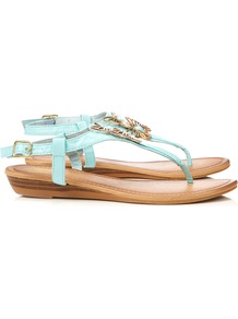 Blue Wedge Sandal - predominant colour: turquoise; secondary colour: gold; occasions: casual, evening, holiday; material: faux leather; heel height: mid; ankle detail: ankle strap; heel: wedge; toe: toe thongs; style: flip flops / toe post; finish: plain; pattern: plain; embellishment: chain/metal
