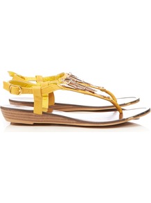 Yellow Wedge Sandal - predominant colour: primrose yellow; secondary colour: gold; occasions: casual, evening, holiday; material: faux leather; heel height: mid; ankle detail: ankle strap; heel: wedge; toe: toe thongs; style: flip flops / toe post; finish: plain; pattern: plain; embellishment: chain/metal