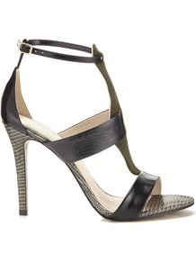 Panelled Sandal - predominant colour: khaki; secondary colour: black; occasions: evening, occasion; material: leather; heel height: high; ankle detail: ankle strap; heel: stiletto; toe: open toe/peeptoe; style: strappy; finish: plain; pattern: colourblock