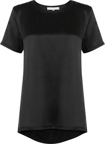 Alana Top - neckline: round neck; pattern: plain; style: t-shirt; predominant colour: black; occasions: casual; length: standard; fibres: silk - mix; fit: straight cut; bust detail: contrast pattern/fabric/detail at bust; back detail: longer hem at back than at front; sleeve length: short sleeve; sleeve style: standard; pattern type: fabric; texture group: jersey - stretchy/drapey