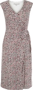 Cadence Dress, Multi - style: faux wrap/wrap; neckline: low v-neck; sleeve style: sleeveless; waist detail: belted waist/tie at waist/drawstring; secondary colour: white; occasions: evening, work, holiday; length: on the knee; fit: body skimming; fibres: polyester/polyamide - stretch; hip detail: ruching/gathering at hip; predominant colour: multicoloured; sleeve length: sleeveless; pattern type: fabric; pattern size: standard; pattern: patterned/print; texture group: jersey - stretchy/drapey