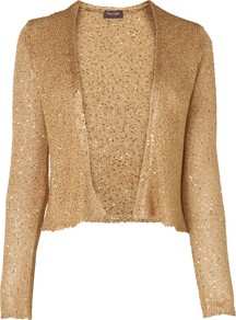 Sally Sequin Shrug, Gold - sleeve style: extended cuff; pattern: plain; neckline: collarless open; style: open front; predominant colour: gold; occasions: casual, evening, occasion; length: standard; fibres: polyester/polyamide - mix; fit: standard fit; sleeve length: extra long; texture group: knits/crochet; trends: metallics; pattern type: knitted - other; pattern size: light/subtle; embellishment: sequins