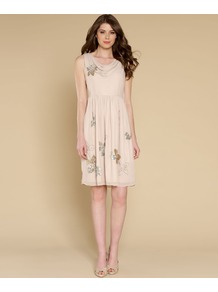 Ava Mae Dress - style: shift; neckline: cowl/draped neck; fit: fitted at waist; sleeve style: sleeveless; waist detail: twist front waist detail/nipped in at waist on one side/soft pleats/draping/ruching/gathering waist detail; predominant colour: nude; occasions: evening, occasion; length: just above the knee; fibres: viscose/rayon - 100%; sleeve length: sleeveless; texture group: sheer fabrics/chiffon/organza etc.; pattern type: fabric; embellishment: sequins