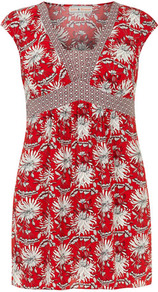 Billie And Blossom Red Floral Mix And Match Tunic - neckline: v-neck; sleeve style: capped; style: tunic; back detail: tie detail at back; waist detail: embellishment at waist/feature waistband; shoulder detail: contrast pattern/fabric at shoulder; secondary colour: white; predominant colour: true red; occasions: casual, evening, work; fibres: viscose/rayon - 100%; fit: empire; length: mid thigh; hip detail: soft pleats at hip/draping at hip/flared at hip; bust detail: contrast pattern/fabric/detail at bust; sleeve length: short sleeve; trends: high impact florals; pattern type: fabric; pattern size: big & busy; pattern: florals; texture group: jersey - stretchy/drapey