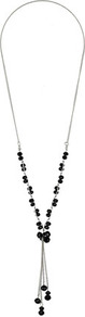 Black Glass Facet Bead Tassel Lariat Neckwear - secondary colour: silver; predominant colour: black; occasions: evening, work, holiday; style: tassel; length: long; size: small; material: chain/metal; finish: plain; embellishment: beading
