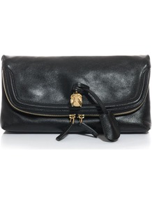 Skull Padlock Clutch - predominant colour: black; occasions: casual, evening, occasion; type of pattern: standard; style: clutch; length: hand carry; size: small; material: leather; embellishment: zips; pattern: plain; finish: plain
