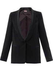 Tux Blazer - pattern: plain; style: single breasted tuxedo; collar: shawl/waterfall; length: below the bottom; predominant colour: black; occasions: evening, work, occasion; fit: tailored/fitted; fibres: polyester/polyamide - 100%; sleeve length: long sleeve; sleeve style: standard; trends: tuxedo; collar break: low/open; pattern type: fabric; texture group: other - light to midweight