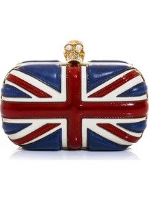 Britannia Skull Box Clutch - secondary colour: true red; occasions: casual, evening, occasion; predominant colour: multicoloured; type of pattern: standard; style: clutch; length: hand carry; size: mini; material: leather; embellishment: crystals; finish: patent; pattern: patterned/print