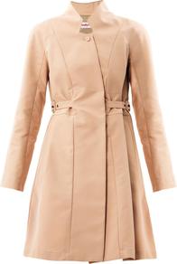 Full Skirted Trench Coat - pattern: plain; style: princess; collar: high neck; fit: slim fit; length: mid thigh; predominant colour: nude; occasions: casual, work; fibres: cotton - 100%; waist detail: belted waist/tie at waist/drawstring; sleeve length: long sleeve; sleeve style: standard; texture group: cotton feel fabrics; collar break: high; pattern type: fabric
