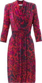Firma Dress - style: faux wrap/wrap; neckline: v-neck; fit: fitted at waist; waist detail: twist front waist detail/nipped in at waist on one side/soft pleats/draping/ruching/gathering waist detail; hip detail: fitted at hip; back detail: contrast pattern/fabric at back; bust detail: ruching/gathering/draping/layers/pintuck pleats at bust; predominant colour: true red; secondary colour: purple; occasions: casual, evening, work, occasion; length: just above the knee; fibres: viscose/rayon - stretch; shoulder detail: flat/draping pleats/ruching/gathering at shoulder; sleeve length: 3/4 length; sleeve style: standard; trends: high impact florals; pattern type: fabric; pattern size: standard; pattern: patterned/print; texture group: jersey - stretchy/drapey