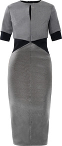Gaspare Dress - style: shift; length: below the knee; neckline: round neck; fit: tailored/fitted; bust detail: added detail/embellishment at bust; waist detail: embellishment at waist/feature waistband; hip detail: fitted at hip; predominant colour: charcoal; secondary colour: black; occasions: evening, work, occasion; fibres: wool - mix; back detail: shorter hem at back than at front (dresses); sleeve length: short sleeve; sleeve style: standard; trends: glamorous day shifts; pattern type: fabric; pattern size: standard; pattern: colourblock; texture group: woven light midweight