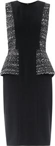Attila Dress - style: shift; neckline: round neck; fit: tailored/fitted; sleeve style: sleeveless; pattern: herringbone/tweed; waist detail: peplum waist detail; secondary colour: mid grey; predominant colour: black; occasions: evening, work, occasion; length: just above the knee; fibres: wool - mix; sleeve length: sleeveless; trends: glamorous day shifts; pattern type: fabric; pattern size: standard; texture group: tweed - light/midweight