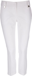White Cropped Trousers - pattern: plain; waist: mid/regular rise; predominant colour: white; occasions: casual, evening, holiday; length: calf length; fibres: cotton - stretch; hip detail: added detail/embellishment at hip; fit: slim leg; pattern type: fabric; texture group: woven light midweight; style: standard
