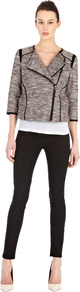 Tweedy Contrast Biker - style: biker; collar: asymmetric biker; length: cropped; fit: slim fit; pattern: herringbone/tweed; predominant colour: mid grey; occasions: casual, evening, work; fibres: cotton - mix; sleeve length: 3/4 length; sleeve style: standard; collar break: high/illusion of break when open; pattern type: fabric; pattern size: light/subtle; texture group: tweed - light/midweight