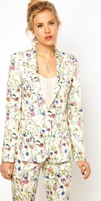 Premium Blazer In Floral Print - style: single breasted blazer; collar: wide lapels; length: below the bottom; predominant colour: ivory; secondary colour: ivory; occasions: casual, evening, occasion; fit: tailored/fitted; fibres: cotton - stretch; sleeve length: long sleeve; sleeve style: standard; texture group: cotton feel fabrics; collar break: low/open; pattern type: fabric; pattern size: standard; pattern: florals