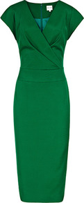 Creme Drape Front Dress - style: faux wrap/wrap; length: below the knee; neckline: low v-neck; sleeve style: capped; fit: tailored/fitted; pattern: plain; predominant colour: emerald green; occasions: evening, work, occasion, holiday; fibres: viscose/rayon - stretch; sleeve length: short sleeve; texture group: structured shiny - satin/tafetta/silk etc.; pattern type: fabric