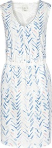 Audley Chevron Chevron Print Dress - style: shift; length: mid thigh; neckline: low v-neck; fit: tailored/fitted; sleeve style: sleeveless; waist detail: elasticated waist; predominant colour: ivory; secondary colour: royal blue; occasions: casual, holiday; fibres: cotton - mix; sleeve length: sleeveless; texture group: crepes; pattern type: fabric; pattern size: light/subtle; pattern: patterned/print