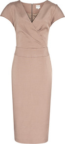 Creme Drape Front Dress - style: faux wrap/wrap; length: below the knee; neckline: low v-neck; sleeve style: capped; fit: tailored/fitted; pattern: plain; predominant colour: champagne; occasions: evening, work, occasion; fibres: viscose/rayon - stretch; sleeve length: short sleeve; pattern type: fabric; texture group: jersey - stretchy/drapey