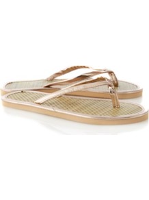 Metallic Woven Flip Flops Gold - predominant colour: gold; material: faux leather; heel height: flat; toe: toe thongs; style: flip flops / toe post; occasions: holiday; finish: metallic; pattern: plain