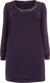 Purple Embellished Tunic - neckline: round neck; pattern: plain; bust detail: added detail/embellishment at bust; length: below the bottom; style: tunic; sleeve style: balloon; predominant colour: aubergine; occasions: evening, work; fibres: polyester/polyamide - stretch; fit: straight cut; sleeve length: long sleeve; texture group: sheer fabrics/chiffon/organza etc.; pattern type: fabric; embellishment: beading