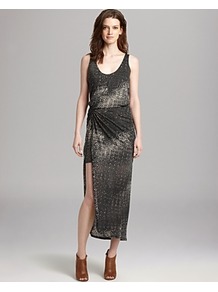 Tank Dress Sleeveless With Wrap Around Skirt - length: calf length; sleeve style: standard vest straps/shoulder straps; waist detail: fitted waist; style: vest; back detail: low cut/open back; secondary colour: ivory; predominant colour: charcoal; occasions: casual, evening, occasion, holiday; fit: body skimming; neckline: scoop; fibres: linen - mix; hip detail: slits at hip; sleeve length: sleeveless; texture group: silky - light; trends: modern geometrics; pattern type: fabric; pattern size: standard; pattern: patterned/print