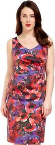Multi Floral Print Dress - style: shift; neckline: v-neck; fit: tailored/fitted; sleeve style: sleeveless; waist detail: twist front waist detail/nipped in at waist on one side/soft pleats/draping/ruching/gathering waist detail; predominant colour: true red; secondary colour: purple; occasions: evening, work, occasion; length: just above the knee; fibres: cotton - stretch; sleeve length: sleeveless; texture group: silky - light; trends: high impact florals; pattern type: fabric; pattern size: big & busy; pattern: florals