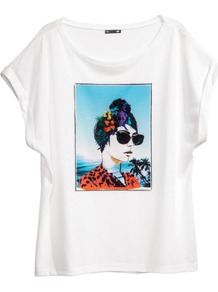 + Top - neckline: round neck; style: t-shirt; predominant colour: white; occasions: casual; length: standard; fibres: polyester/polyamide - 100%; fit: body skimming; sleeve length: short sleeve; sleeve style: standard; pattern type: fabric; pattern size: standard; pattern: patterned/print; texture group: jersey - stretchy/drapey