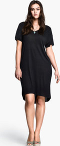+ Dress - style: t-shirt; sleeve style: dolman/batwing; fit: loose; pattern: plain; predominant colour: black; occasions: casual, holiday; length: just above the knee; neckline: scoop; fibres: viscose/rayon - 100%; hip detail: soft pleats at hip/draping at hip/flared at hip; back detail: longer hem at back than at front; sleeve length: short sleeve; pattern type: fabric; texture group: jersey - stretchy/drapey