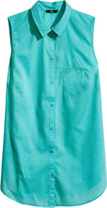 + Sleeveless Blouse - neckline: shirt collar/peter pan/zip with opening; pattern: plain; sleeve style: sleeveless; style: shirt; predominant colour: turquoise; occasions: casual; length: standard; fibres: cotton - 100%; fit: straight cut; sleeve length: sleeveless; texture group: cotton feel fabrics; pattern type: fabric