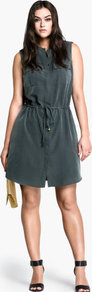 + Dress - style: shift; neckline: shirt collar/peter pan/zip with opening; fit: fitted at waist; pattern: plain; sleeve style: sleeveless; bust detail: pocket detail at bust; waist detail: belted waist/tie at waist/drawstring; predominant colour: charcoal; occasions: casual, evening, work, holiday; length: just above the knee; fibres: polyester/polyamide - mix; hip detail: ruching/gathering at hip; shoulder detail: discreet epaulette; sleeve length: sleeveless; texture group: silky - light; pattern type: fabric