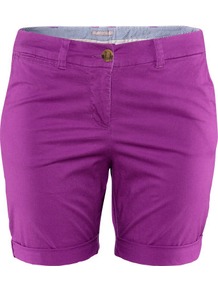 + Shorts - pattern: plain; style: shorts; pocket detail: small back pockets, pockets at the sides; length: mid thigh shorts; waist: mid/regular rise; predominant colour: magenta; occasions: casual, holiday; fibres: cotton - stretch; jeans & bottoms detail: turn ups; texture group: cotton feel fabrics; fit: slim leg; pattern type: fabric