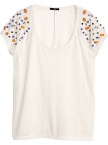 Top With Rivets And Sparkle - sleeve style: dolman/batwing; pattern: plain; predominant colour: white; secondary colour: bright orange; occasions: casual, evening, holiday; length: standard; style: top; neckline: scoop; fibres: polyester/polyamide - stretch; fit: loose; shoulder detail: added shoulder detail; sleeve length: short sleeve; trends: fluorescent; pattern type: fabric; texture group: jersey - stretchy/drapey; embellishment: jewels