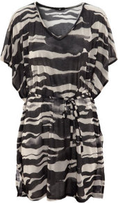 Butterfly Sleeve Beach Tunic - neckline: v-neck; sleeve style: dolman/batwing; style: tunic; waist detail: belted waist/tie at waist/drawstring; bust detail: ruching/gathering/draping/layers/pintuck pleats at bust; secondary colour: stone; predominant colour: black; occasions: casual, holiday; fibres: polyester/polyamide - 100%; fit: loose; length: mid thigh; hip detail: soft pleats at hip/draping at hip/flared at hip; shoulder detail: flat/draping pleats/ruching/gathering at shoulder; sleeve length: short sleeve; texture group: sheer fabrics/chiffon/organza etc.; trends: sporty redux, statement prints; pattern type: fabric; pattern size: big & busy; pattern: patterned/print