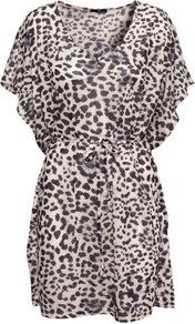 Butterfly Sleeve Beach Tunic - neckline: v-neck; sleeve style: dolman/batwing; style: tunic; waist detail: belted waist/tie at waist/drawstring; bust detail: ruching/gathering/draping/layers/pintuck pleats at bust; secondary colour: ivory; predominant colour: chocolate brown; occasions: casual, evening, holiday; fibres: polyester/polyamide - 100%; fit: loose; length: mid thigh; hip detail: soft pleats at hip/draping at hip/flared at hip; shoulder detail: flat/draping pleats/ruching/gathering at shoulder; sleeve length: short sleeve; texture group: sheer fabrics/chiffon/organza etc.; trends: statement prints; pattern type: fabric; pattern size: standard; pattern: animal print