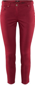 Ankle Length Trousers - pattern: plain; pocket detail: traditional 5 pocket; waist: mid/regular rise; predominant colour: burgundy; occasions: casual, evening, holiday; length: ankle length; fibres: cotton - stretch; texture group: cotton feel fabrics; fit: skinny/tight leg; pattern type: fabric; style: standard