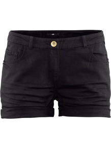 Short Twill Shorts - pattern: plain; style: shorts; pocket detail: traditional 5 pocket; length: short shorts; waist: mid/regular rise; predominant colour: black; occasions: casual; fibres: cotton - stretch; jeans & bottoms detail: turn ups; texture group: denim; fit: slim leg; pattern type: fabric