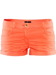 Short Twill Shorts - pattern: plain; style: shorts; pocket detail: traditional 5 pocket; length: short shorts; waist: mid/regular rise; predominant colour: bright orange; occasions: casual; fibres: cotton - stretch; jeans & bottoms detail: turn ups; texture group: denim; fit: slim leg; pattern type: fabric