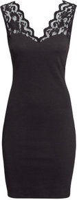 Jersey Dress With Lace - style: shift; length: mid thigh; neckline: low v-neck; fit: tight; pattern: plain; sleeve style: sleeveless; waist detail: fitted waist; back detail: low cut/open back; hip detail: fitted at hip; shoulder detail: contrast pattern/fabric at shoulder; predominant colour: black; occasions: casual, occasion, holiday; fibres: cotton - stretch; bust detail: contrast pattern/fabric/detail at bust; sleeve length: sleeveless; texture group: lace; pattern type: fabric; embellishment: lace