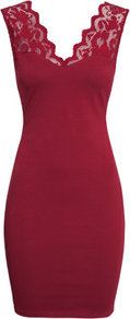 Jersey Dress With Lace - style: shift; length: mid thigh; neckline: low v-neck; fit: tight; pattern: plain; sleeve style: sleeveless; waist detail: fitted waist; back detail: low cut/open back; hip detail: fitted at hip; shoulder detail: contrast pattern/fabric at shoulder; predominant colour: true red; occasions: casual, evening, occasion, holiday; fibres: polyester/polyamide - stretch; bust detail: contrast pattern/fabric/detail at bust; sleeve length: sleeveless; texture group: lace; pattern type: fabric; embellishment: lace