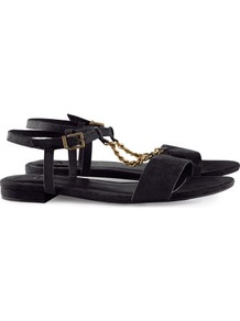 Sandals - secondary colour: gold; predominant colour: black; occasions: casual, evening, work, holiday; material: faux leather; heel height: flat; ankle detail: ankle strap; heel: standard; toe: open toe/peeptoe; style: standard; finish: plain; pattern: plain; embellishment: chain/metal