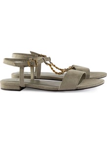 Sandals - predominant colour: khaki; secondary colour: gold; occasions: casual, evening, work, holiday; material: faux leather; heel height: flat; ankle detail: ankle strap; heel: standard; toe: open toe/peeptoe; style: standard; finish: plain; pattern: plain; embellishment: chain/metal