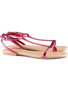 Sandals - predominant colour: hot pink; occasions: evening, work, holiday; material: faux leather; heel height: flat; ankle detail: ankle strap; heel: standard; toe: open toe/peeptoe; style: standard; trends: fluorescent; finish: metallic; pattern: plain
