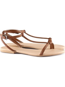 Sandals - predominant colour: tan; occasions: casual, work, holiday; material: faux leather; heel height: flat; ankle detail: ankle strap; heel: standard; toe: open toe/peeptoe; style: standard; finish: plain; pattern: plain
