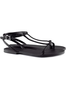 Sandals - predominant colour: black; occasions: casual, work, holiday; material: faux leather; heel height: flat; ankle detail: ankle strap; heel: standard; toe: open toe/peeptoe; style: standard; finish: patent; pattern: plain