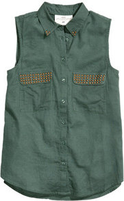 Sleeveless Blouse - neckline: shirt collar/peter pan/zip with opening; pattern: plain; sleeve style: sleeveless; bust detail: added detail/embellishment at bust; style: blouse; predominant colour: dark green; secondary colour: gold; occasions: casual, evening, work, holiday; length: standard; fibres: cotton - 100%; fit: straight cut; sleeve length: sleeveless; texture group: cotton feel fabrics; pattern type: fabric; embellishment: studs